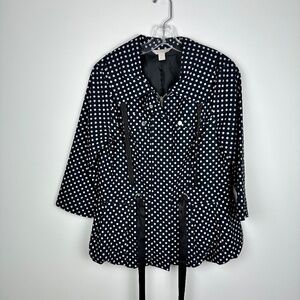 Laura Ashley Black White Polka Dot 3/4 Sleeve Belted Peplum Lightweight Jacket
